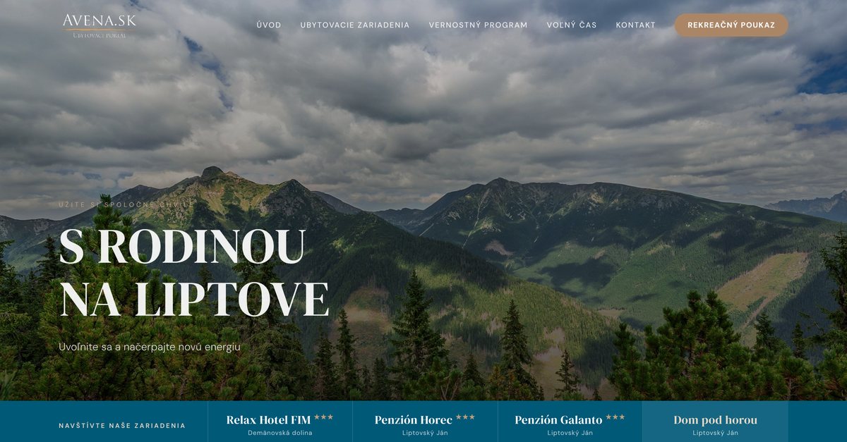 Web AVENA.SK, ubytovací portál siete zariadení na Liptove