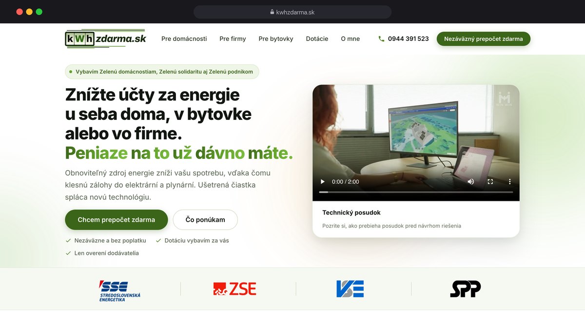 Web kWhzdarma.sk, fotovoltika, tepelné čerpadlá a dotácie na energie